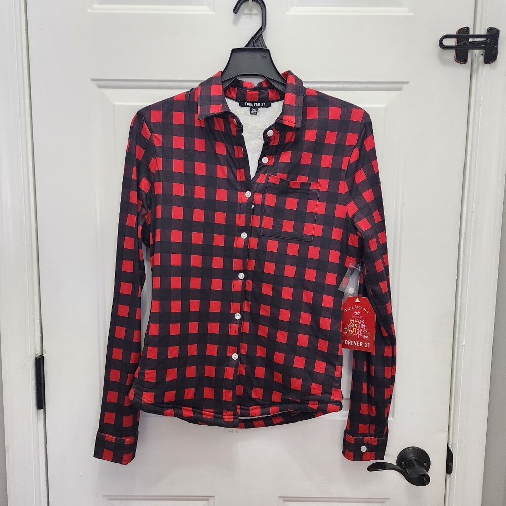 NWT Forever 21 Women's Fleece Sherpa Lined Plaid Button Down Shirt Size S
